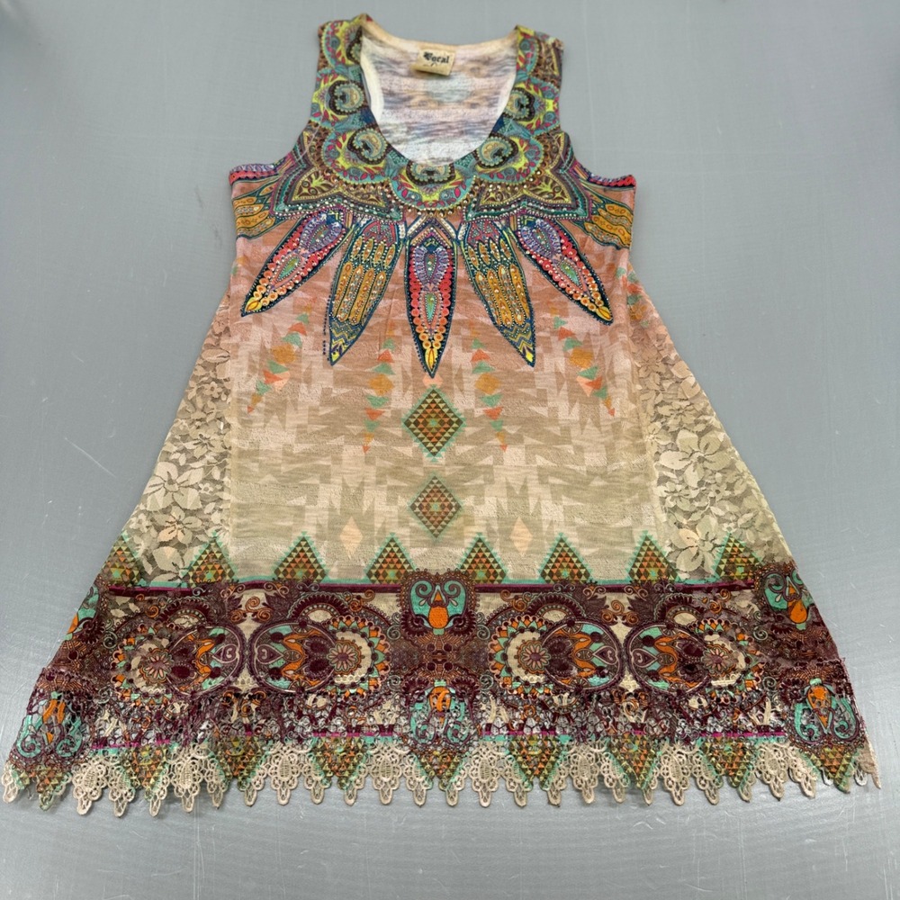 Vocal Womens Bohemian Rhinestone Lace Trim Sleeveless Tank Mini Dress Small